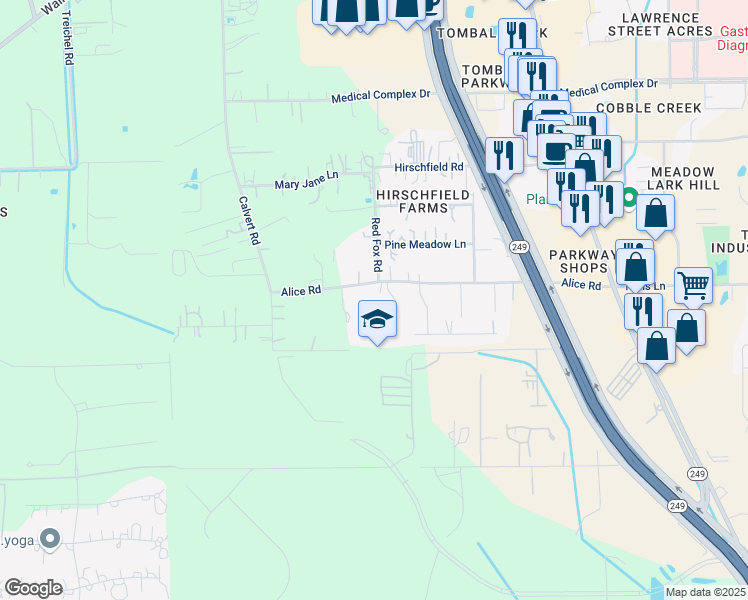 map of restaurants, bars, coffee shops, grocery stores, and more near 14235 Alice Road in Tomball