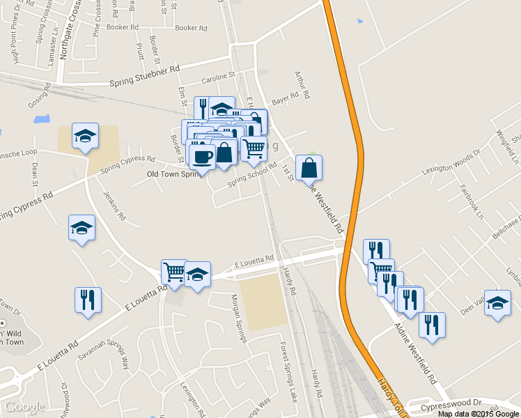 map of restaurants, bars, coffee shops, grocery stores, and more near 26103 West Hardy Road in Spring
