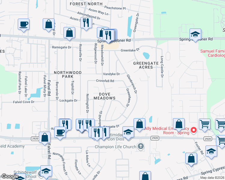 map of restaurants, bars, coffee shops, grocery stores, and more near 3311 Haydee Road in Spring