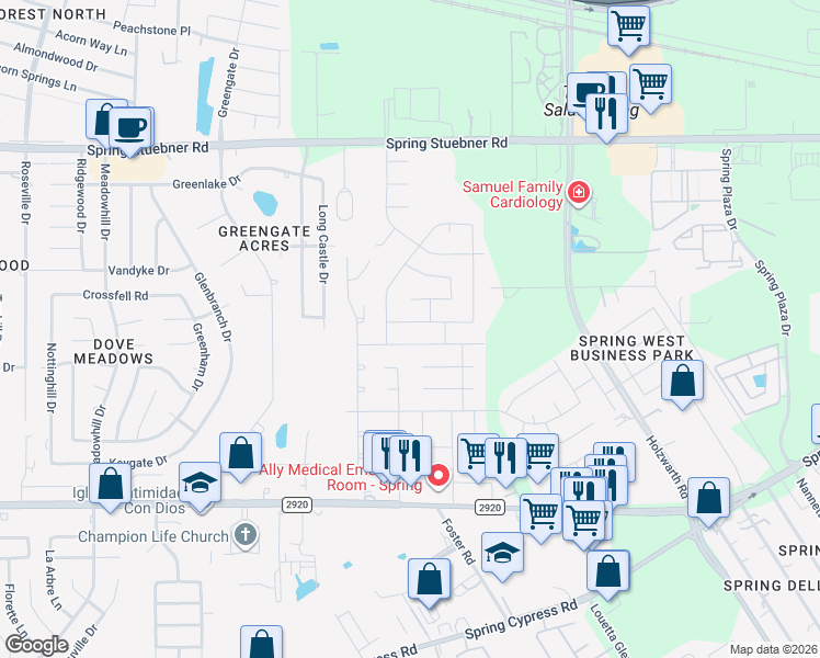 map of restaurants, bars, coffee shops, grocery stores, and more near 2435 Ligustrum Flower Drive in Spring