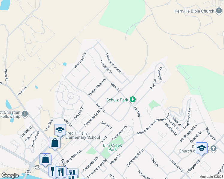 map of restaurants, bars, coffee shops, grocery stores, and more near 439 Forest Ridge Dr in Kerrville