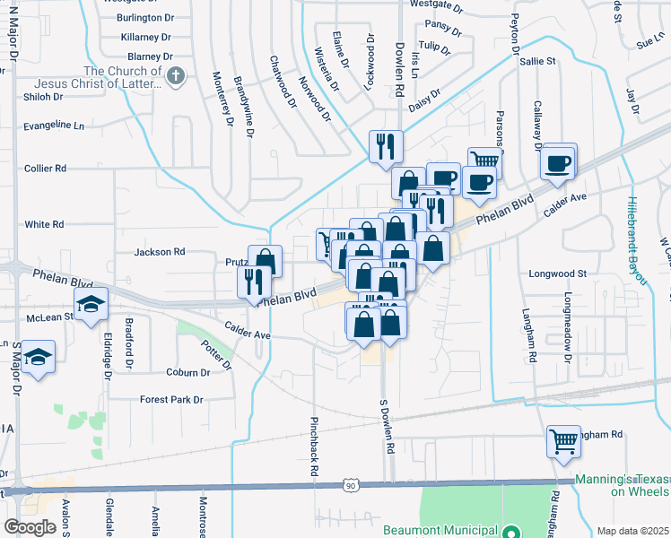 map of restaurants, bars, coffee shops, grocery stores, and more near 6658 Phelan Boulevard in Beaumont