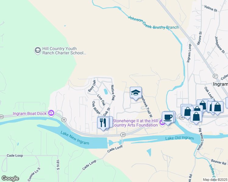 map of restaurants, bars, coffee shops, grocery stores, and more near 404 Native Oak in Ingram