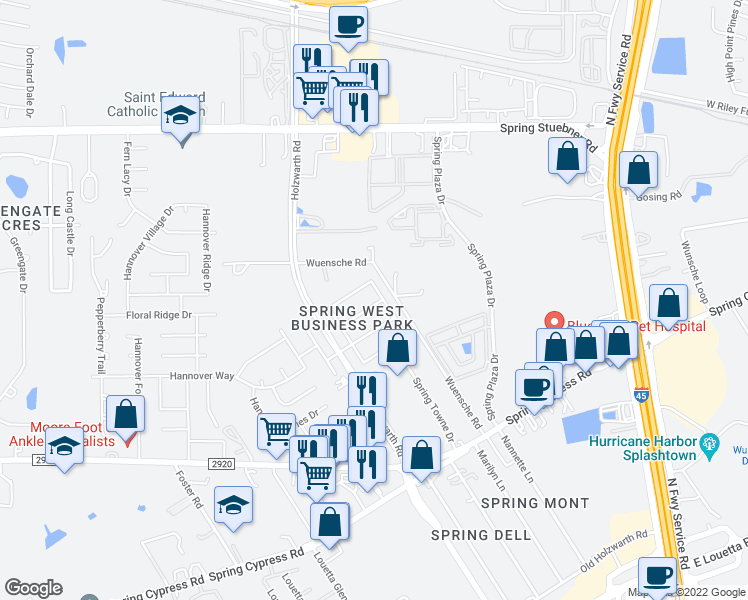 map of restaurants, bars, coffee shops, grocery stores, and more near 1806 Adobe Falls Drive in Spring