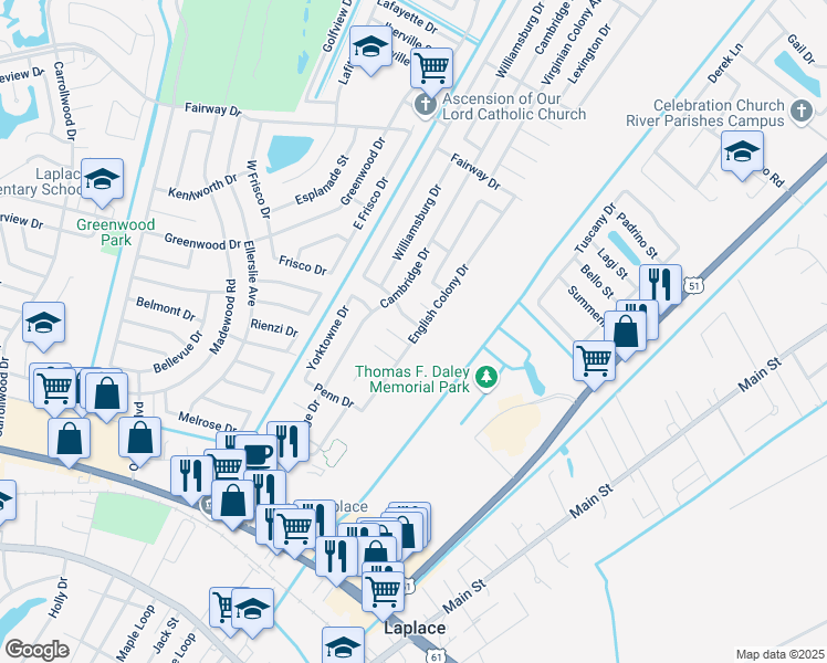 map of restaurants, bars, coffee shops, grocery stores, and more near 601 Medford Drive in LaPlace
