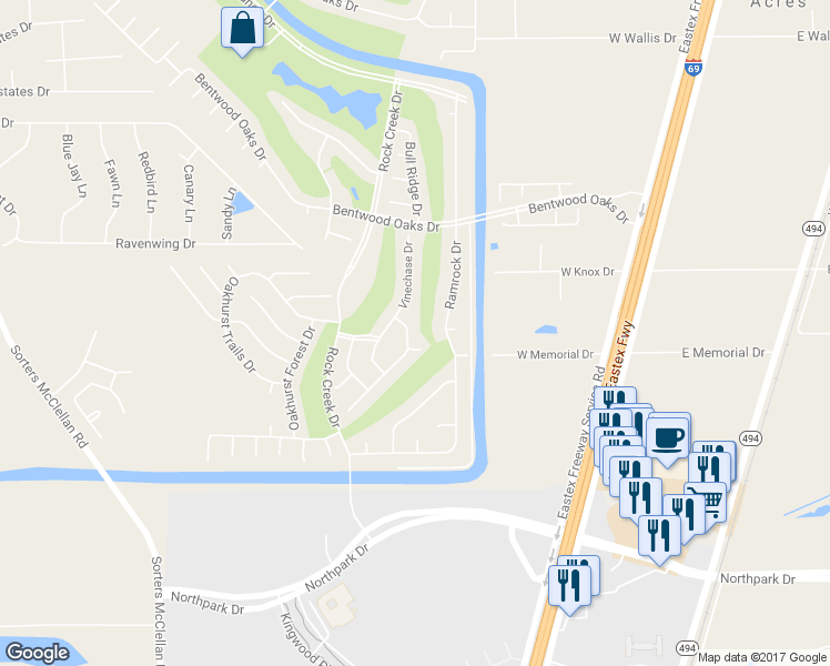 map of restaurants, bars, coffee shops, grocery stores, and more near 21017 Williams Creek Drive in Porter