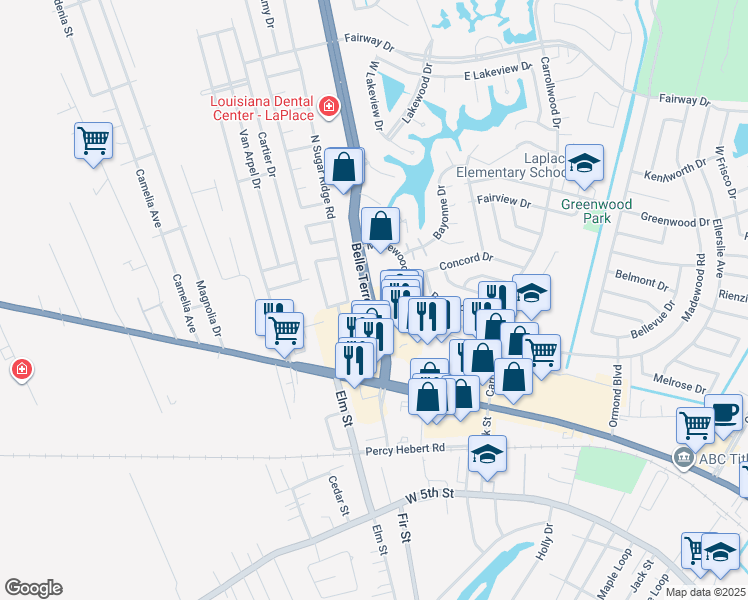 map of restaurants, bars, coffee shops, grocery stores, and more near in LaPlace