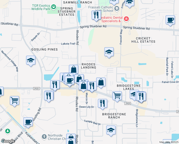 map of restaurants, bars, coffee shops, grocery stores, and more near 4946 Kasos Isle Drive in Spring