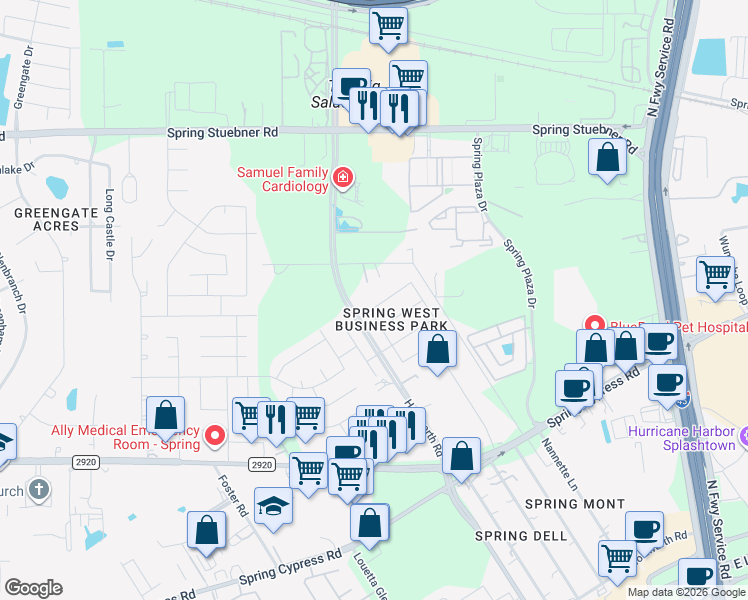 map of restaurants, bars, coffee shops, grocery stores, and more near 1918 Emerald Pathway Drive in Spring