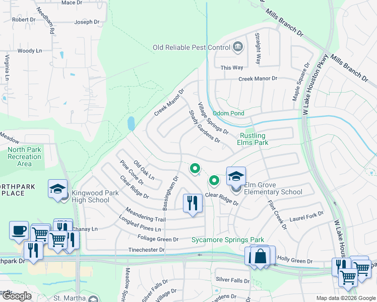 map of restaurants, bars, coffee shops, grocery stores, and more near 5214 Creek Shadows Drive in Houston