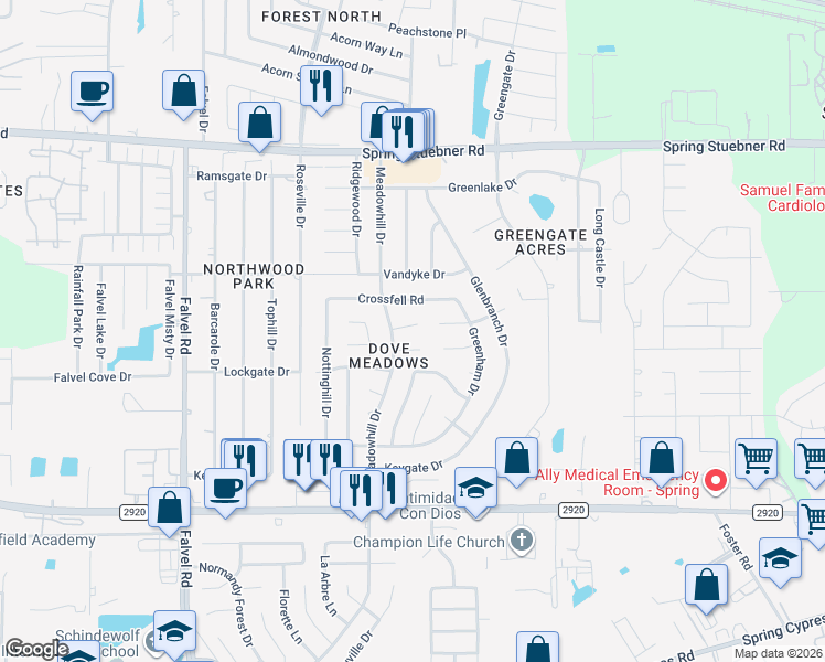 map of restaurants, bars, coffee shops, grocery stores, and more near 3311 Haydee Road in Spring