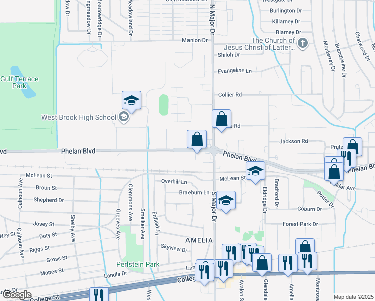 map of restaurants, bars, coffee shops, grocery stores, and more near 8545 Phelan Boulevard in Beaumont