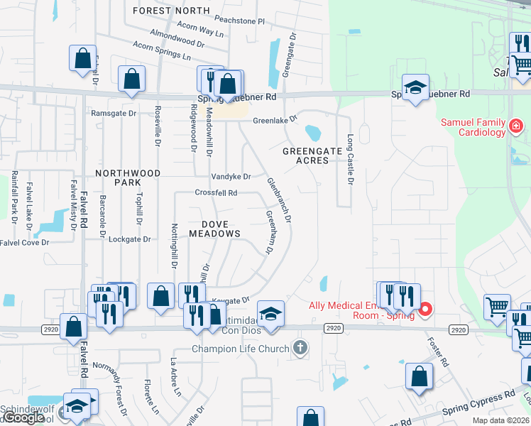 map of restaurants, bars, coffee shops, grocery stores, and more near 3211 Haydee Road in Spring