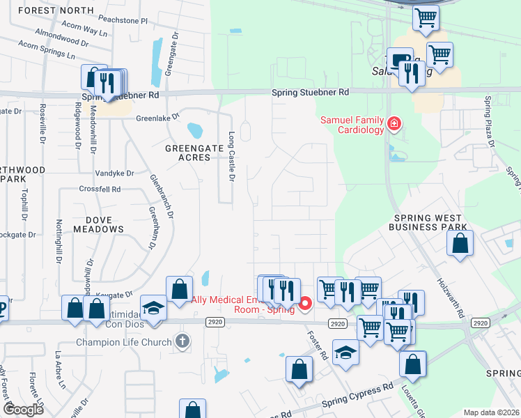map of restaurants, bars, coffee shops, grocery stores, and more near 2527 Liza Court in Spring