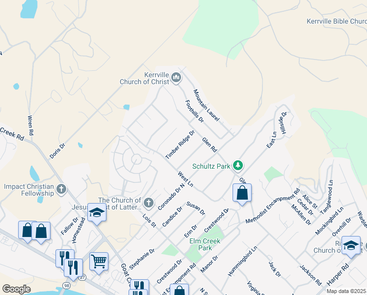 map of restaurants, bars, coffee shops, grocery stores, and more near 419 Timber Ridge Drive in Kerrville
