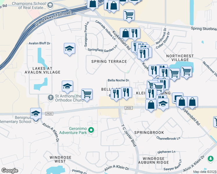 map of restaurants, bars, coffee shops, grocery stores, and more near 21334 Bella Jess Drive in Spring
