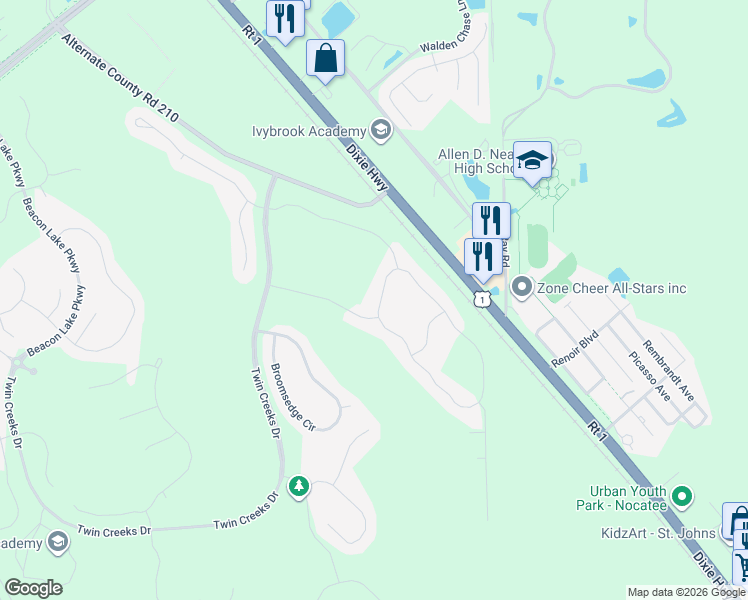 map of restaurants, bars, coffee shops, grocery stores, and more near 245 Switchgrass Road in St. Augustine