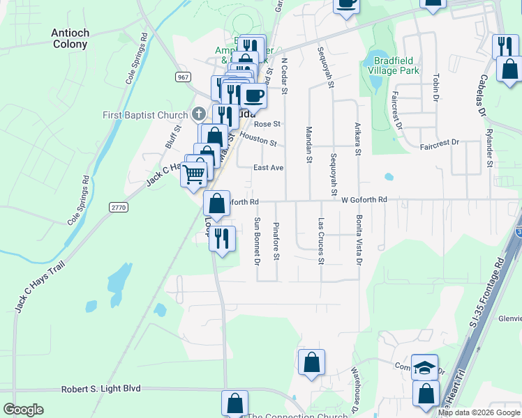 map of restaurants, bars, coffee shops, grocery stores, and more near 401 Sun Bonnet Drive in Buda