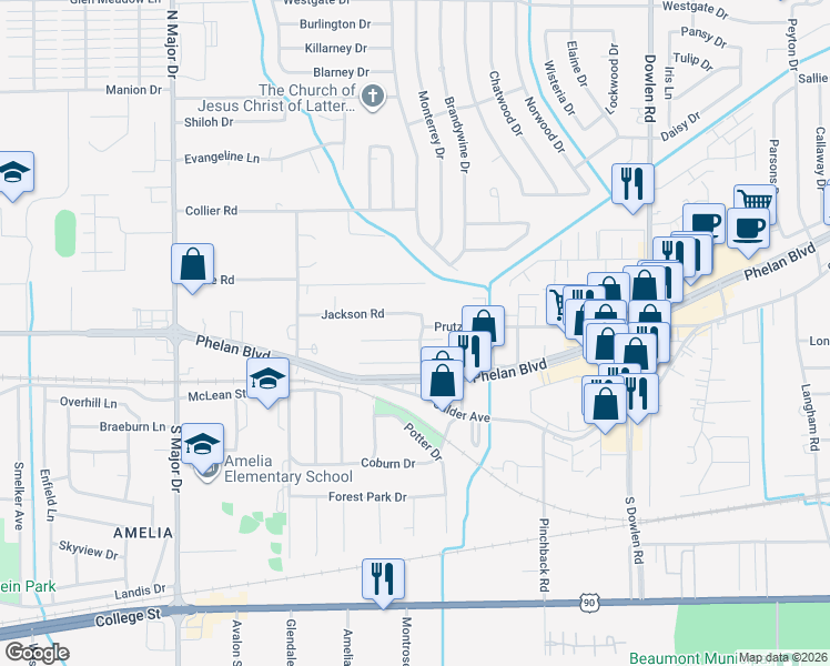 map of restaurants, bars, coffee shops, grocery stores, and more near 7620 Chelsea Place in Beaumont