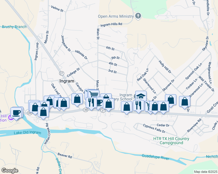 map of restaurants, bars, coffee shops, grocery stores, and more near 111 Hummingbird in Ingram