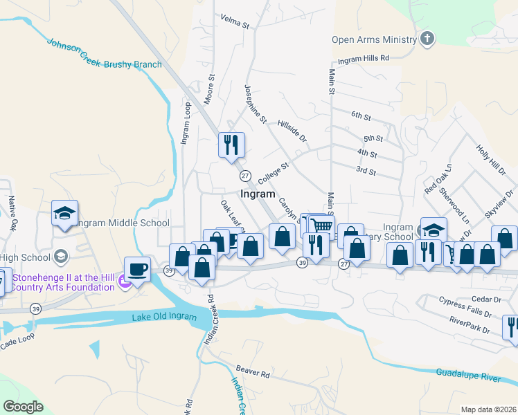 map of restaurants, bars, coffee shops, grocery stores, and more near 3353 Junction Highway in Ingram