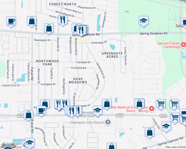 map of restaurants, bars, coffee shops, grocery stores, and more near 3211 Haydee Road in Spring