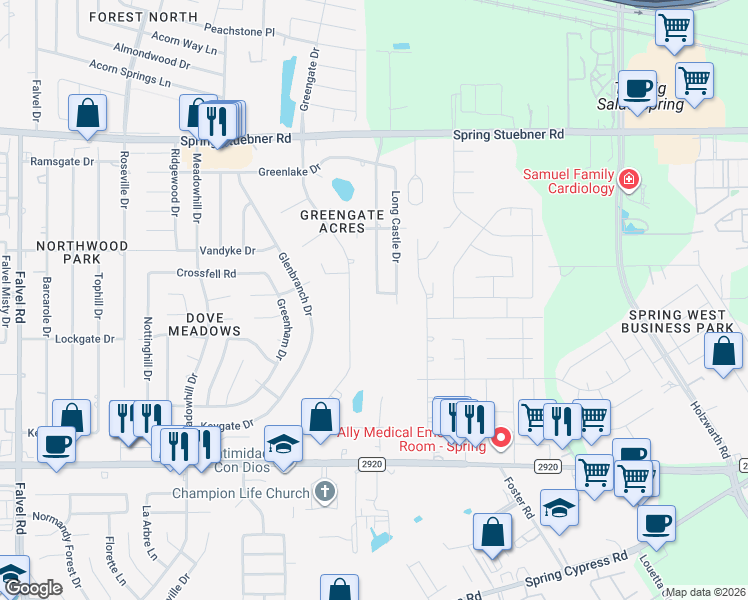 map of restaurants, bars, coffee shops, grocery stores, and more near 21519 Windsor Castle Drive in Spring