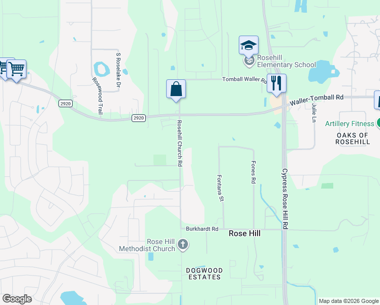 map of restaurants, bars, coffee shops, grocery stores, and more near 21522 Rosehill Church Road in Tomball