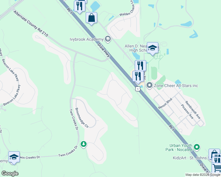 map of restaurants, bars, coffee shops, grocery stores, and more near 26 Tree Frog Way in St. Augustine