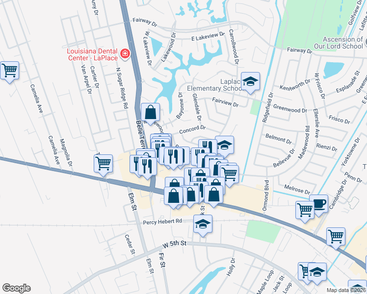 map of restaurants, bars, coffee shops, grocery stores, and more near 329 Rosedown Drive in LaPlace