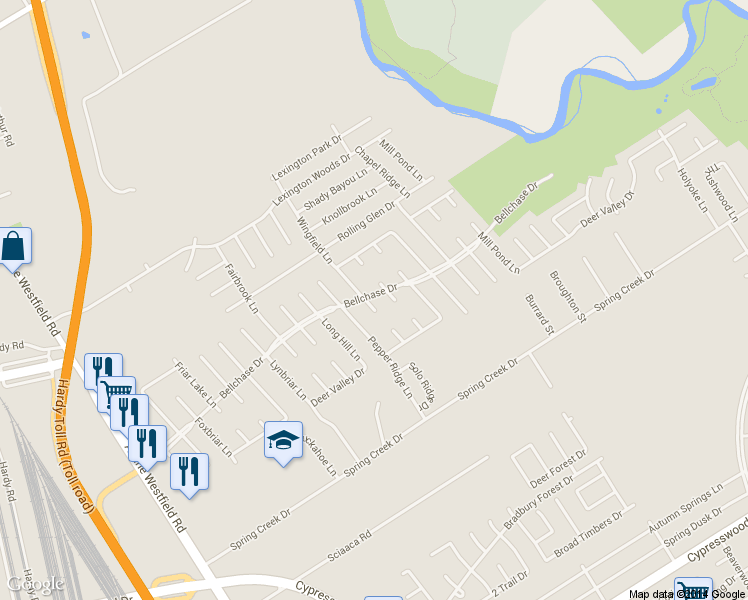 map of restaurants, bars, coffee shops, grocery stores, and more near 25422 Wingfield Lane in Spring