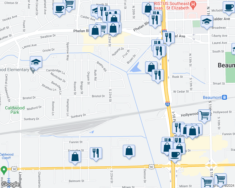map of restaurants, bars, coffee shops, grocery stores, and more near 3850 Bristol Drive in Beaumont