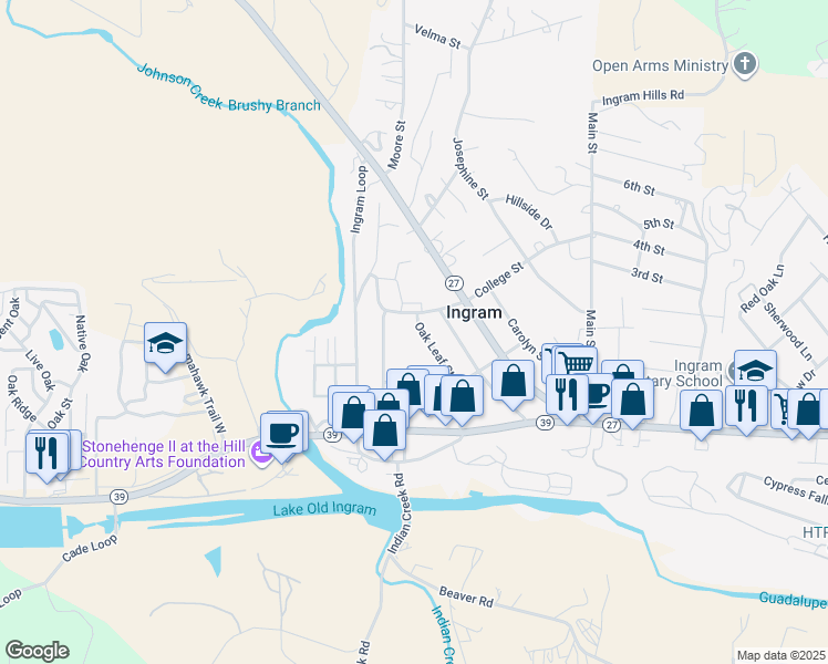 map of restaurants, bars, coffee shops, grocery stores, and more near 217 Oak Leaf Street in Ingram