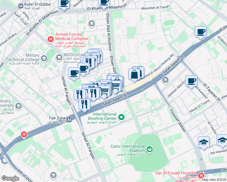map of restaurants, bars, coffee shops, grocery stores, and more near 20a Salah Salem Street in Heliopolis
