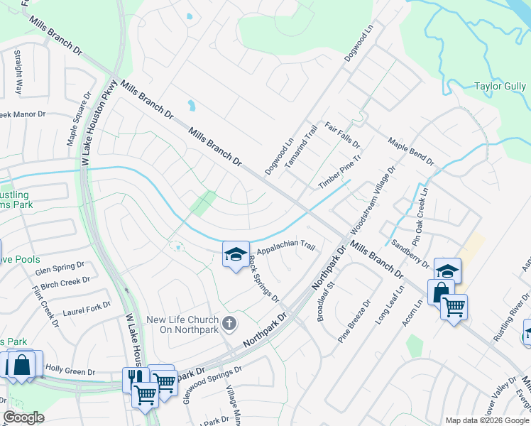 map of restaurants, bars, coffee shops, grocery stores, and more near 4018 Wildwood Valley Court in Humble