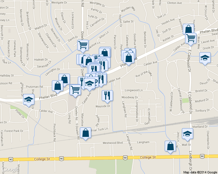 map of restaurants, bars, coffee shops, grocery stores, and more near 80 Genevieve Street in Beaumont