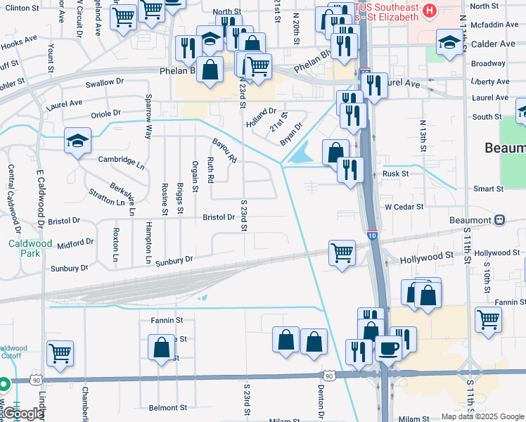 map of restaurants, bars, coffee shops, grocery stores, and more near 3815 Bristol Drive in Beaumont