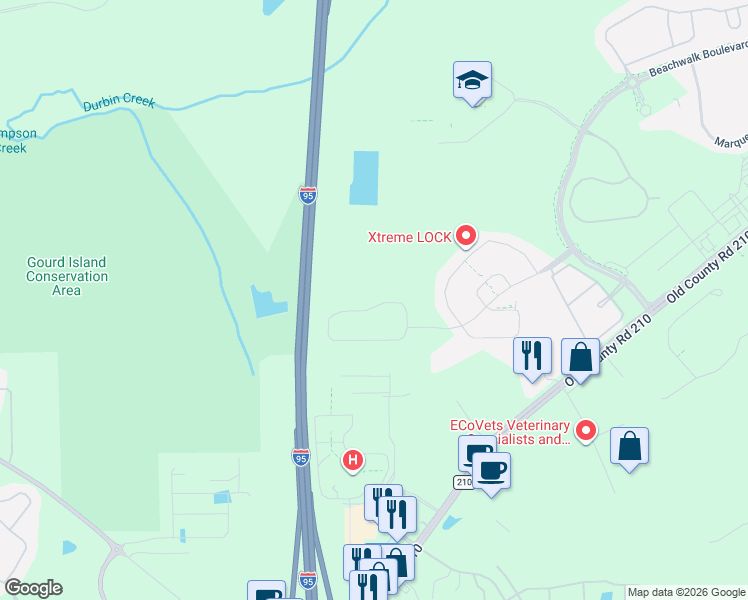 map of restaurants, bars, coffee shops, grocery stores, and more near 35 Clifton Bay Loop in Saint Johns