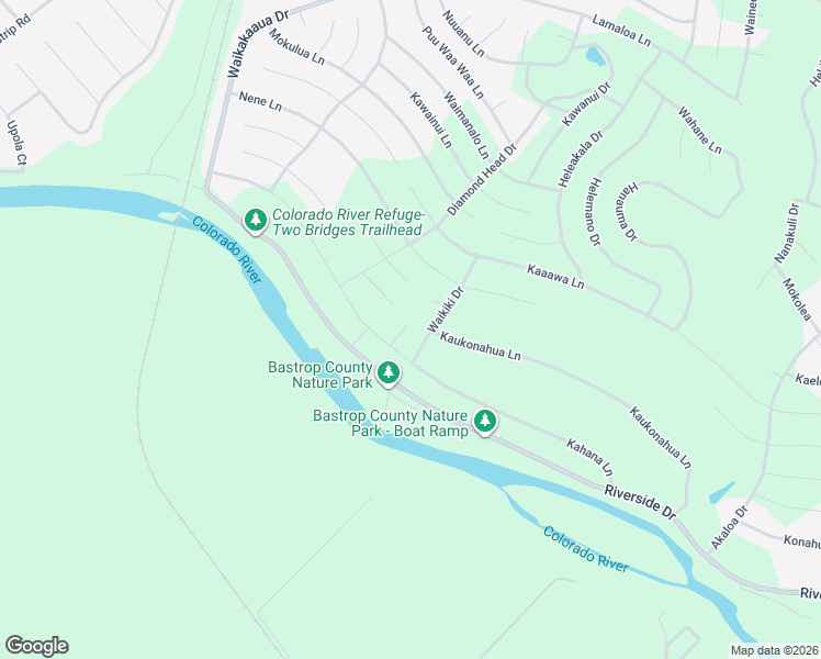 map of restaurants, bars, coffee shops, grocery stores, and more near 150 Waikiki Drive in Bastrop