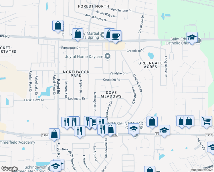 map of restaurants, bars, coffee shops, grocery stores, and more near 21610 Bluebonnet Meadow Lane in Spring