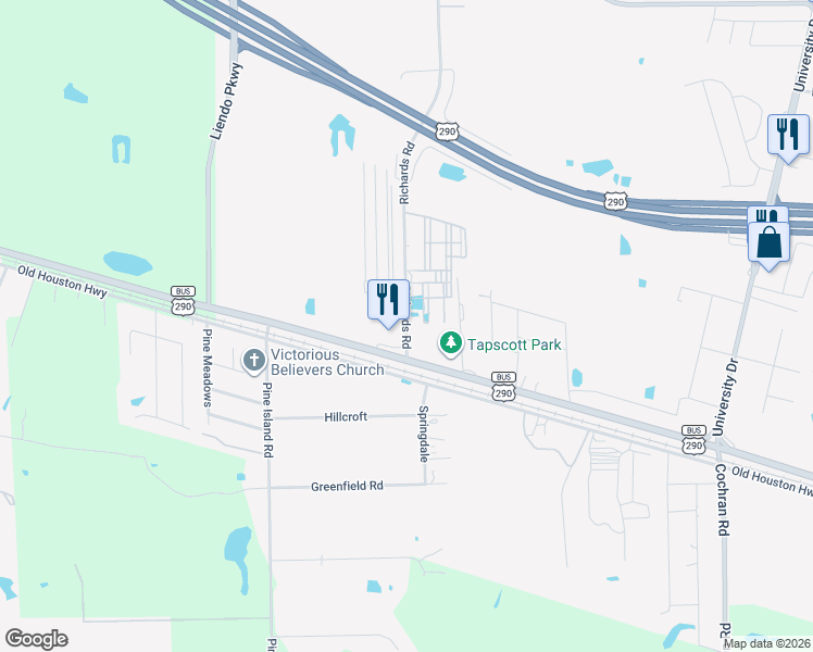 map of restaurants, bars, coffee shops, grocery stores, and more near 45568 U.S. 290 Business in Hempstead