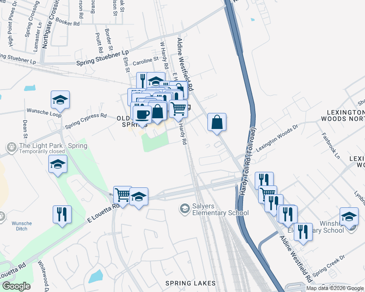 map of restaurants, bars, coffee shops, grocery stores, and more near 26103 West Hardy Road in Spring