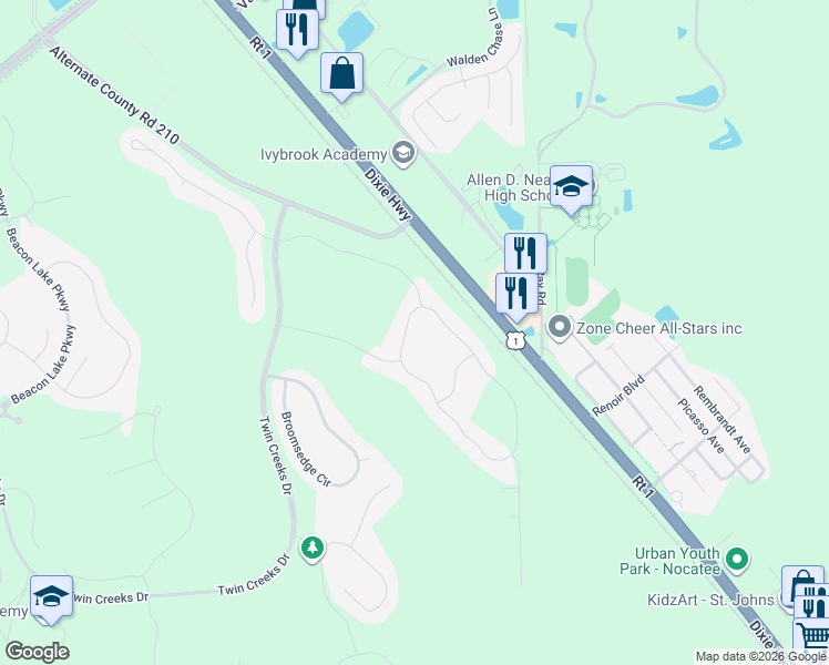 map of restaurants, bars, coffee shops, grocery stores, and more near 26 Tree Frog Way in St. Augustine