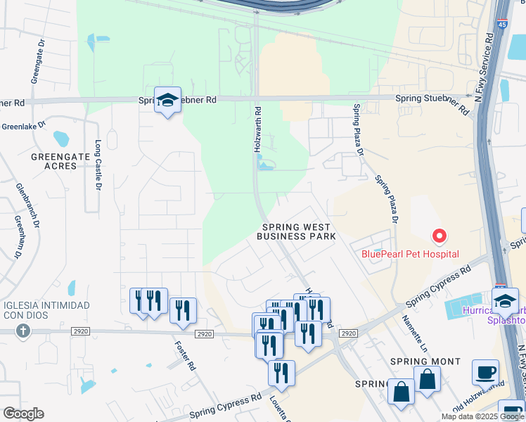 map of restaurants, bars, coffee shops, grocery stores, and more near 1828 Holzwarth Road in Spring