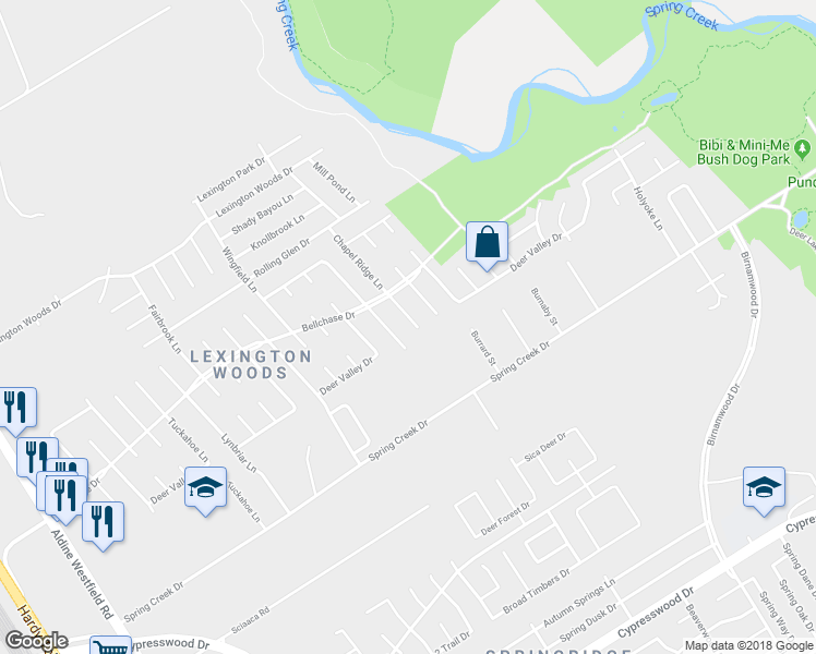 map of restaurants, bars, coffee shops, grocery stores, and more near 25315 Chapel Ridge Lane in Spring