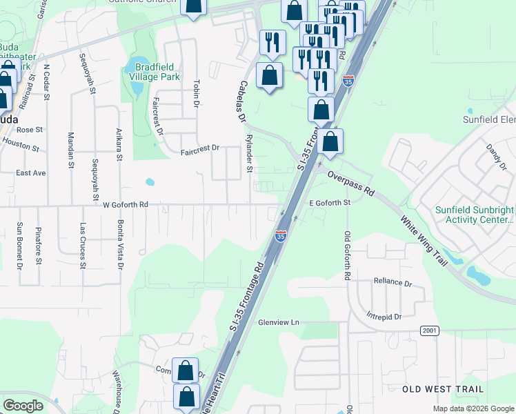 map of restaurants, bars, coffee shops, grocery stores, and more near 16150 South Interstate 35 Frontage Road in Buda