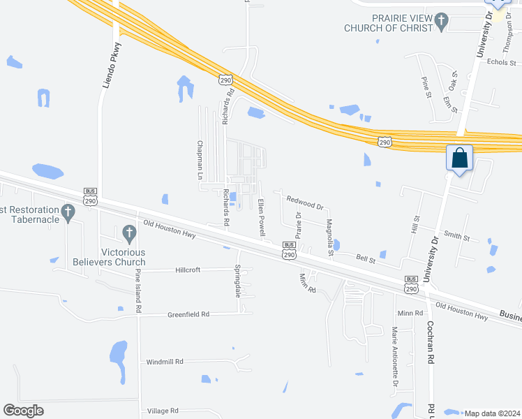 map of restaurants, bars, coffee shops, grocery stores, and more near 509 Ellen Powell in Prairie View