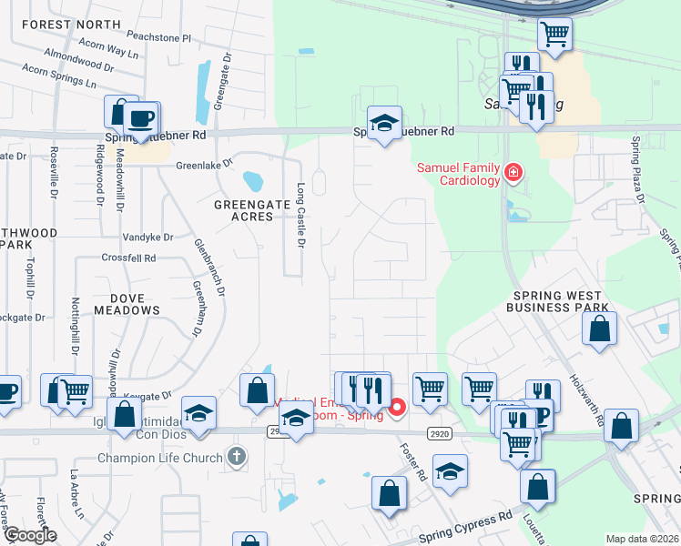 map of restaurants, bars, coffee shops, grocery stores, and more near 2527 Liza Court in Spring