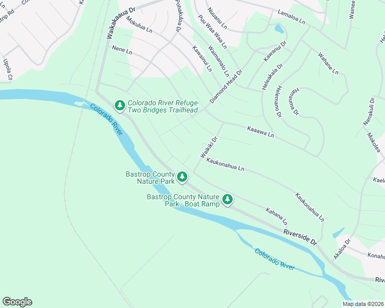 map of restaurants, bars, coffee shops, grocery stores, and more near 150 Waikiki Drive in Bastrop