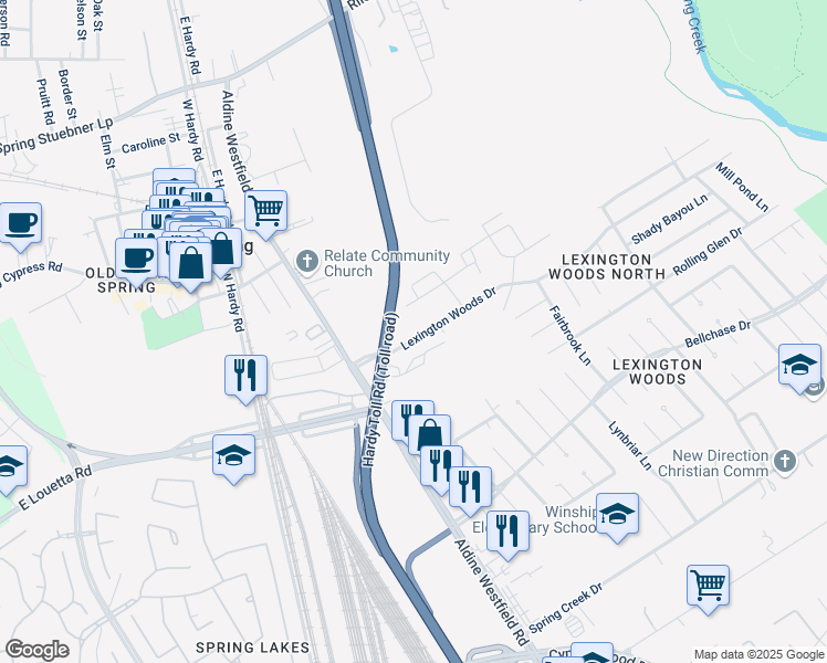 map of restaurants, bars, coffee shops, grocery stores, and more near 2015 Lexington Woods Drive in Spring